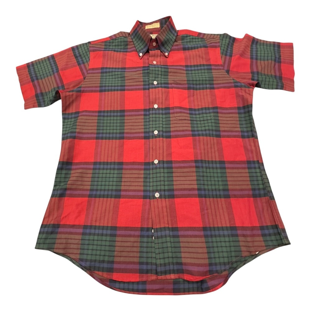 LL Bean Button Down Shirt Mens 16 Red Green Plaid Short Sleeve Vintage USA
